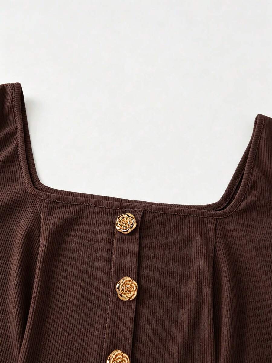 Women's slim fit square neck sleeveless knit tank top featuring a front faux placket with decorative gold metal buttons.