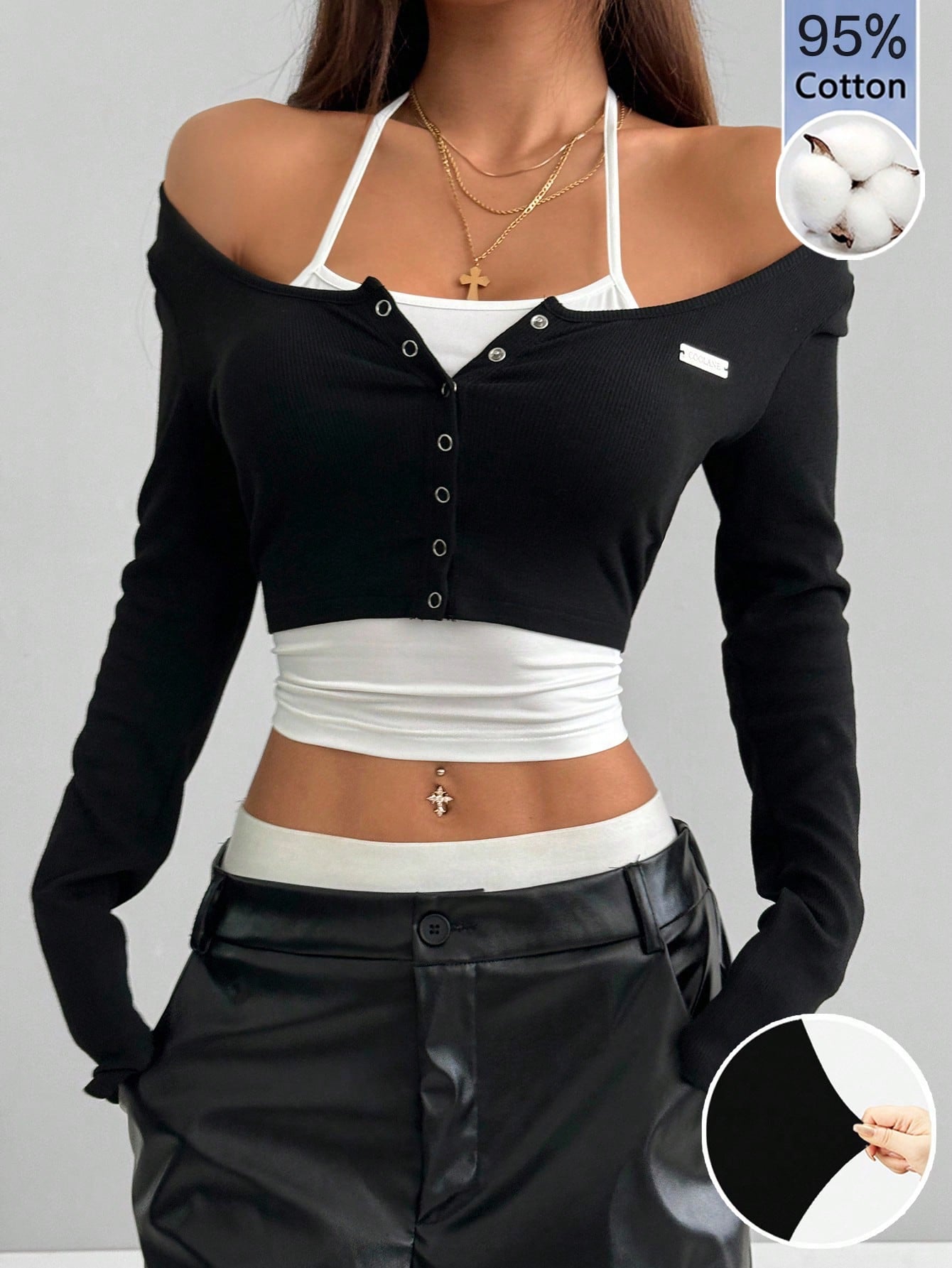 Women's black and white cropped Y2K-style top with lace-up camisole look, halter neckline, long sleeves, button front, rib-knit texture, and slim fit