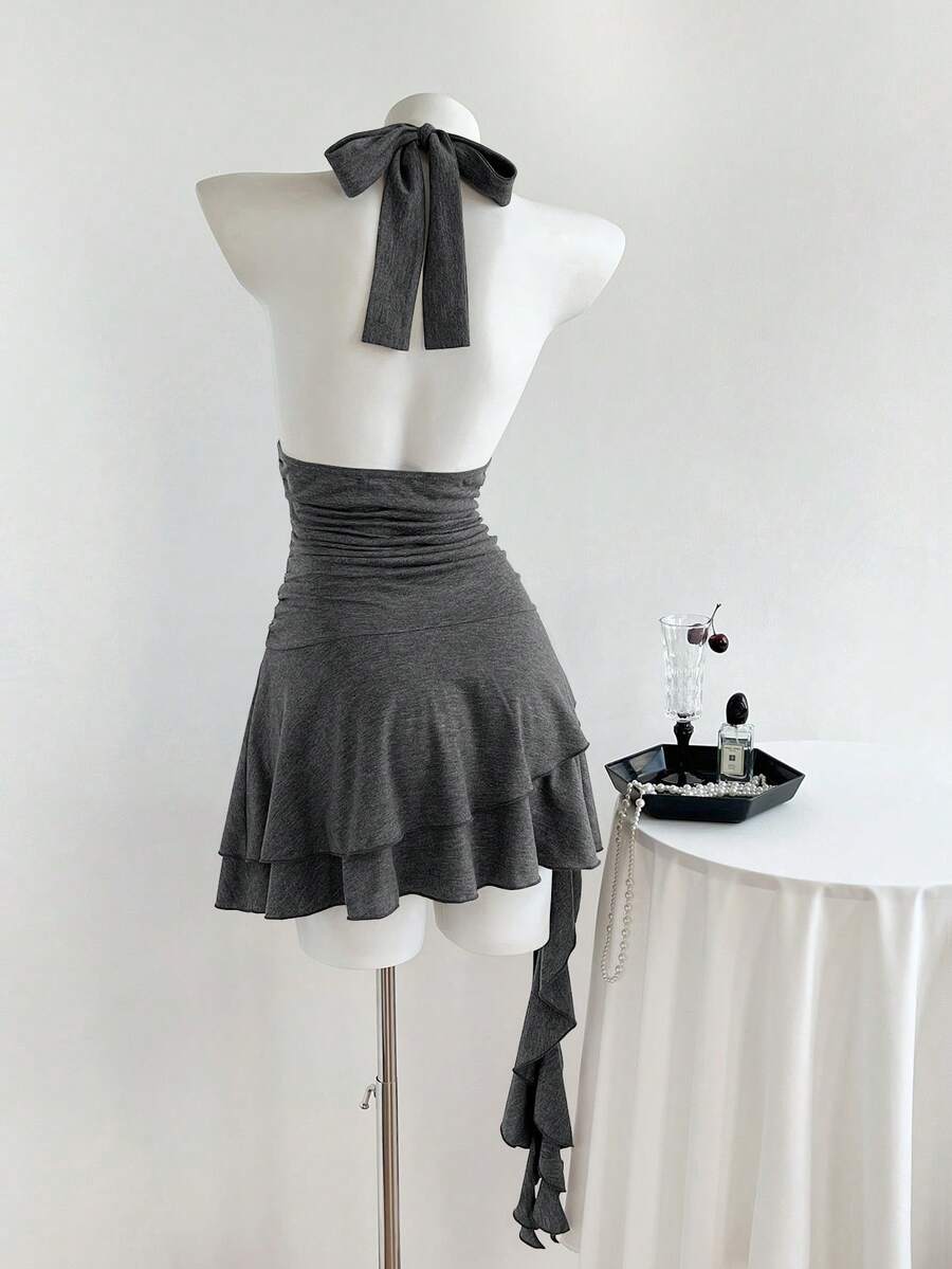 Women's coffee short halter V-neck dress with backless lace-up detail, cinched high waist, and ruffle tiered hem