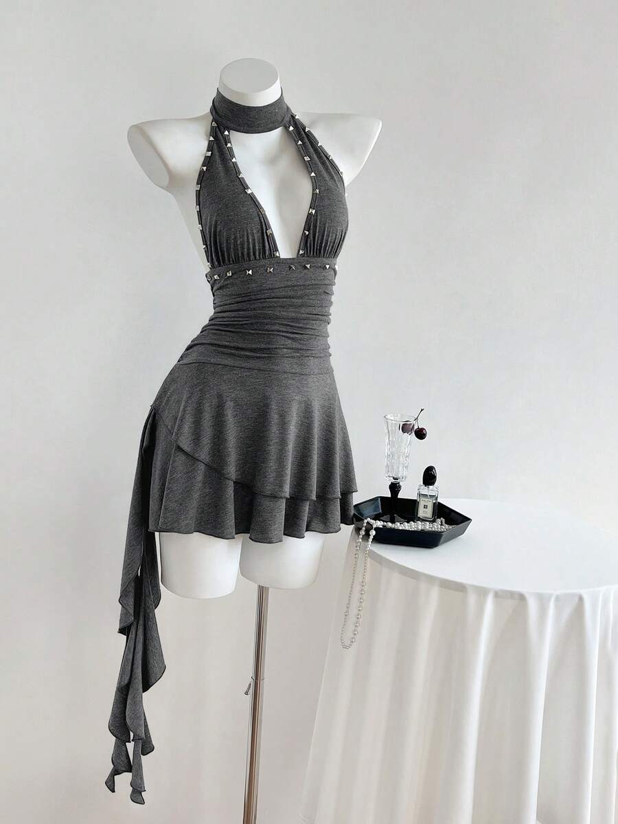 Women's coffee short halter V-neck dress with backless lace-up detail, cinched high waist, and ruffle tiered hem