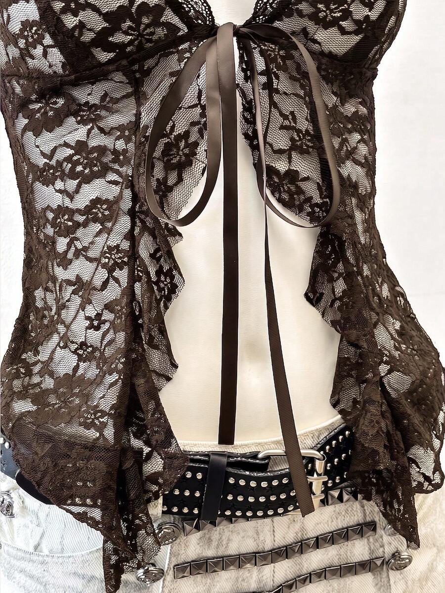 Women's semi-sheer deep V-neck top featuring cap sleeves, contrast lace trimming, and a lace-up front detail.