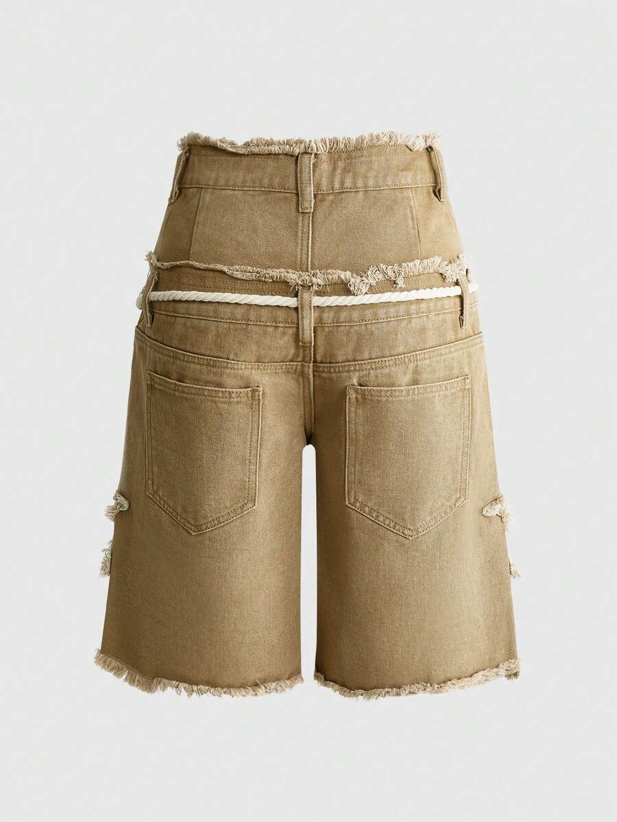 Women's blue denim bermuda shorts featuring a double waistband, star patch detail, ripped accents, and zipper fly closure.