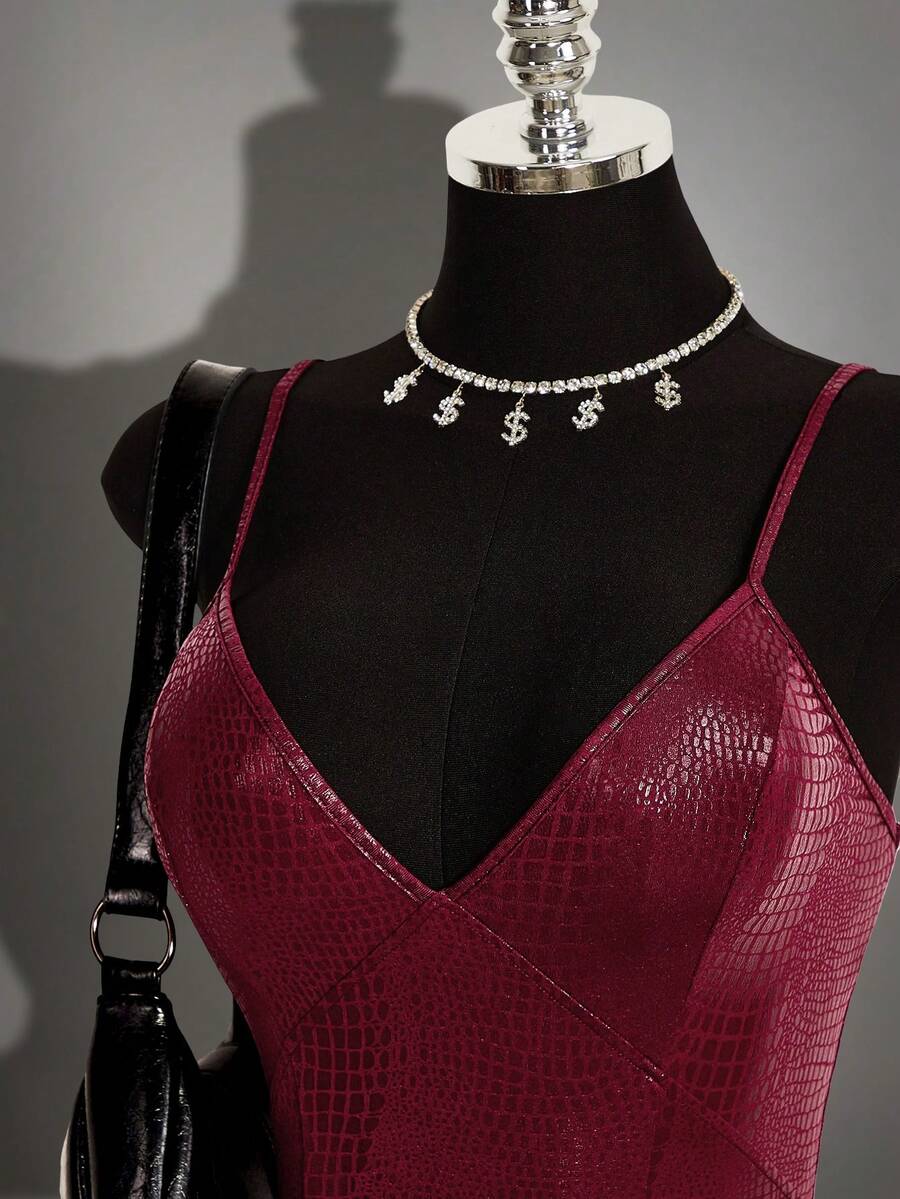 Women's Y2K PU leather mini dress with spaghetti straps, V-neckline, backless design, zipper closure, high waist, slim A-line fit, and layered tiered hem.