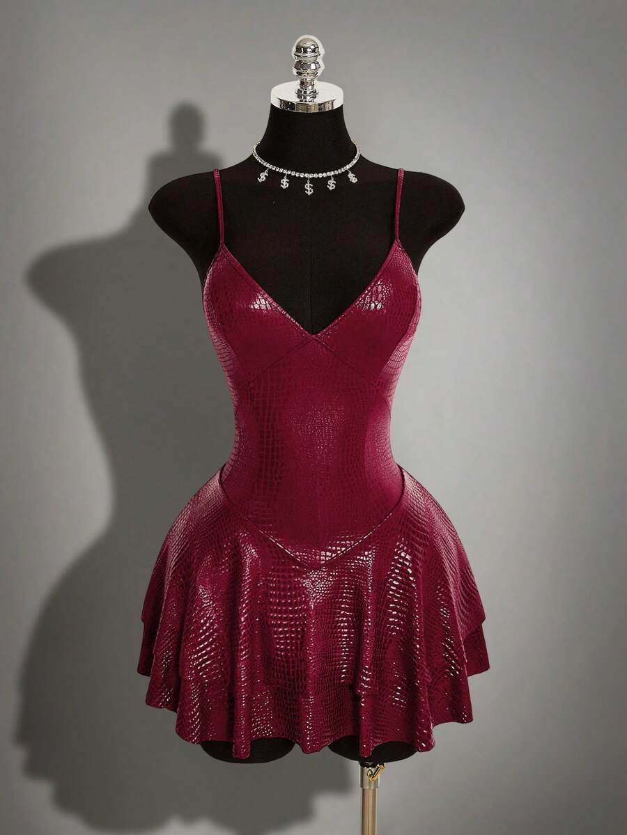 Women's Y2K PU leather mini dress with spaghetti straps, V-neckline, backless design, zipper closure, high waist, slim A-line fit, and layered tiered hem.