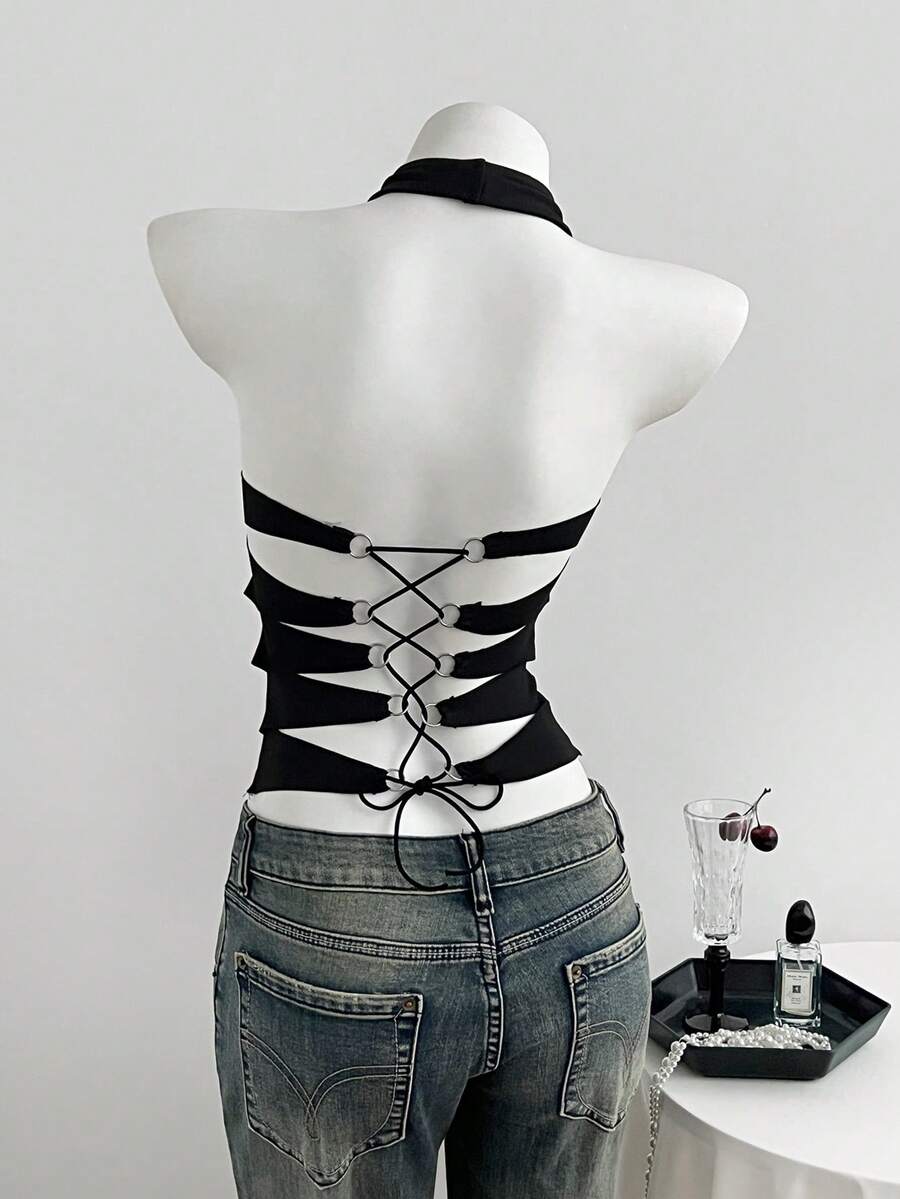 Black striped halter tank top with criss cross details and regular fit