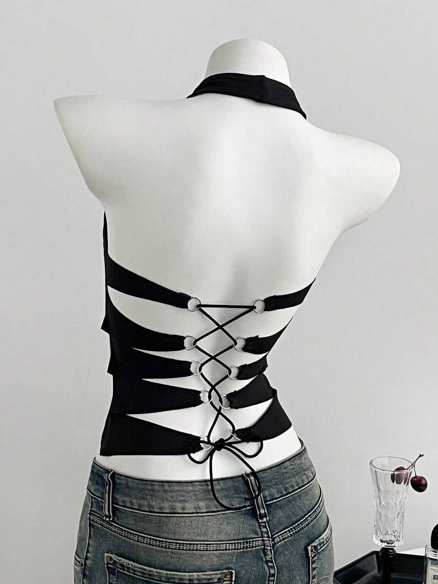 Black striped halter tank top with criss cross details and regular fit