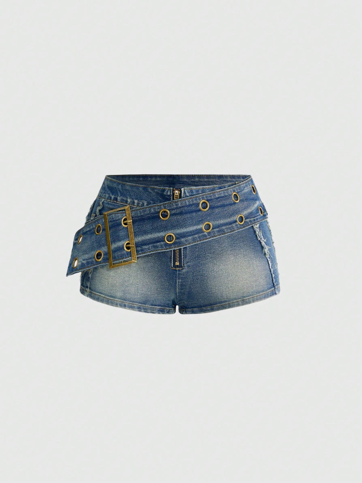 Black grunge punk low-waist mini shorts with studded details and zipper fly closure
