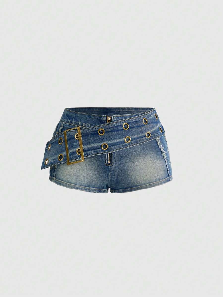 Black grunge punk low-waist mini shorts with studded details and zipper fly closure