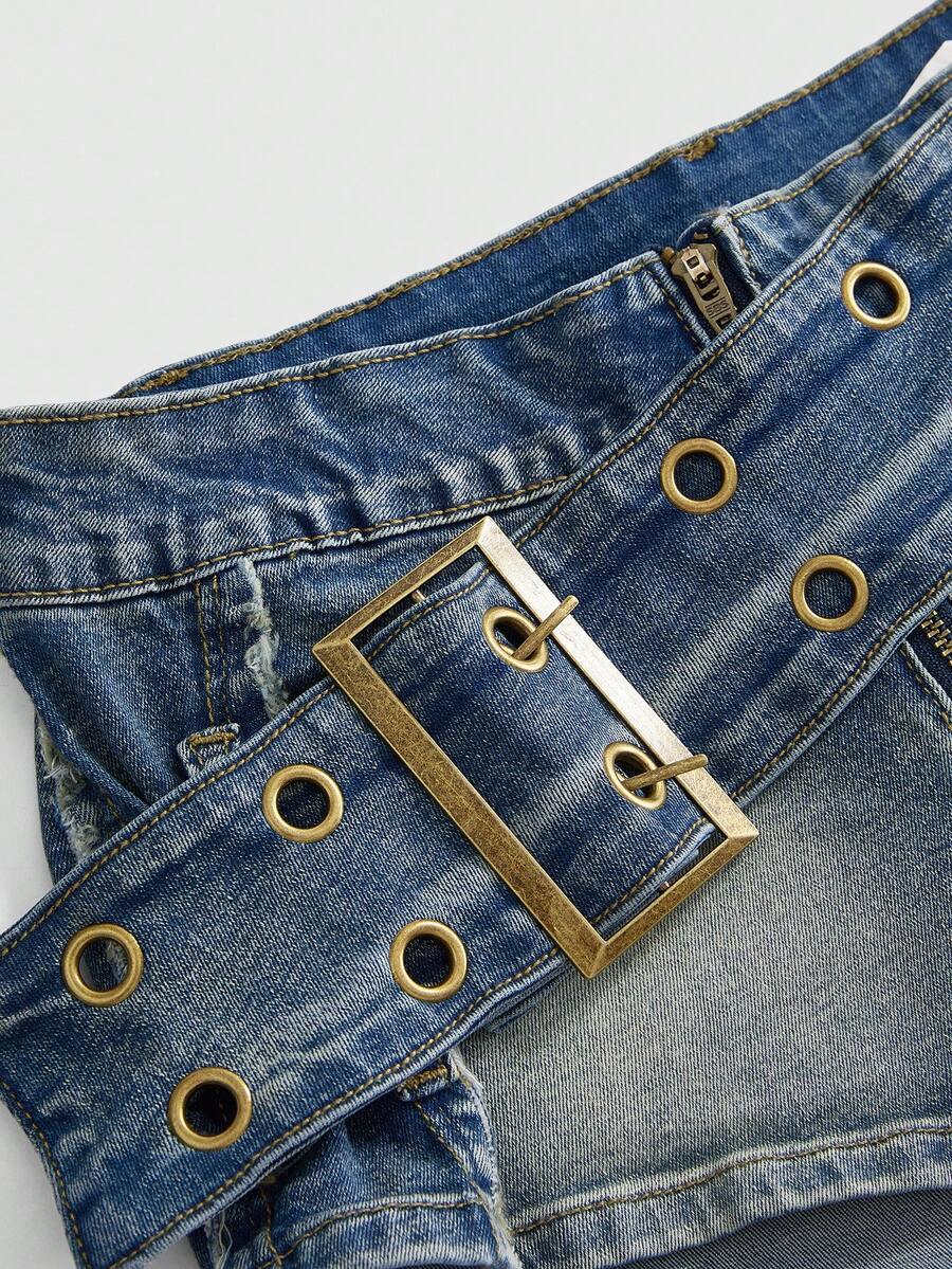 Black grunge punk low-waist mini shorts with studded details and zipper fly closure