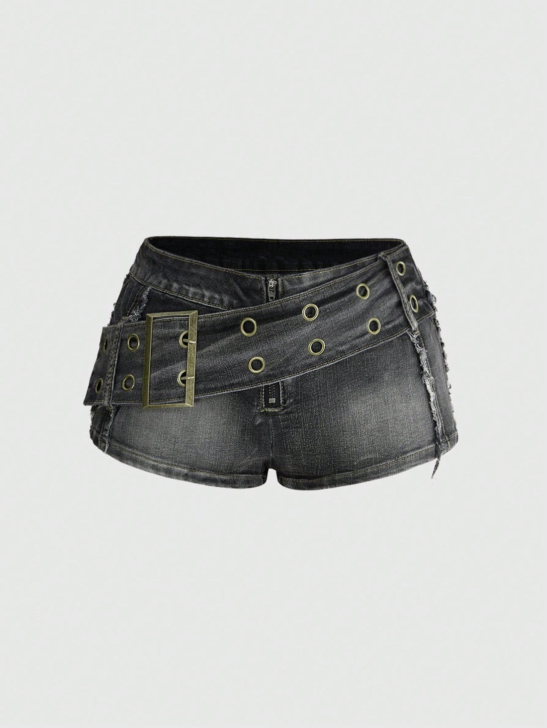 Black grunge punk low-waist mini shorts with studded details and zipper fly closure