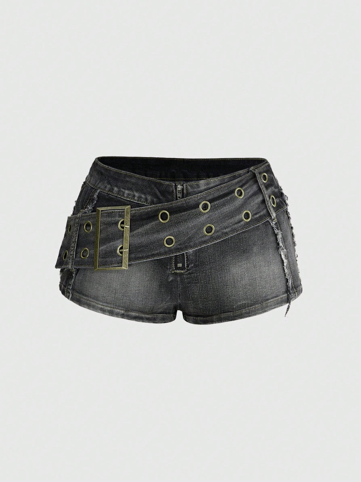 Black grunge punk low-waist mini shorts with studded details and zipper fly closure