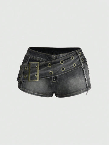 Black grunge punk low-waist mini shorts with studded details and zipper fly closure