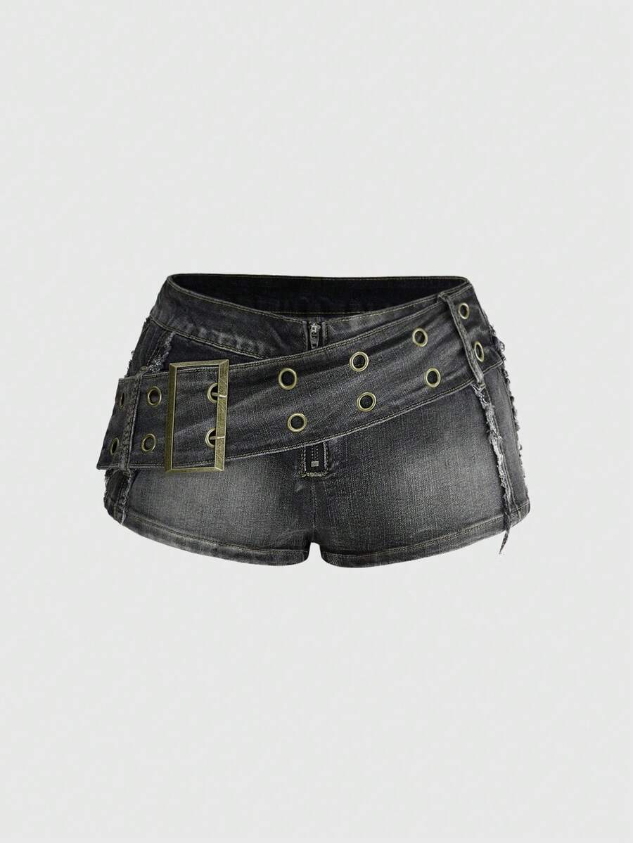 Black grunge punk low-waist mini shorts with studded details and zipper fly closure