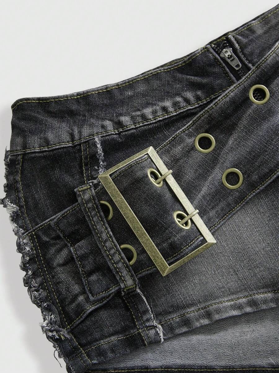 Black grunge punk low-waist mini shorts with studded details and zipper fly closure