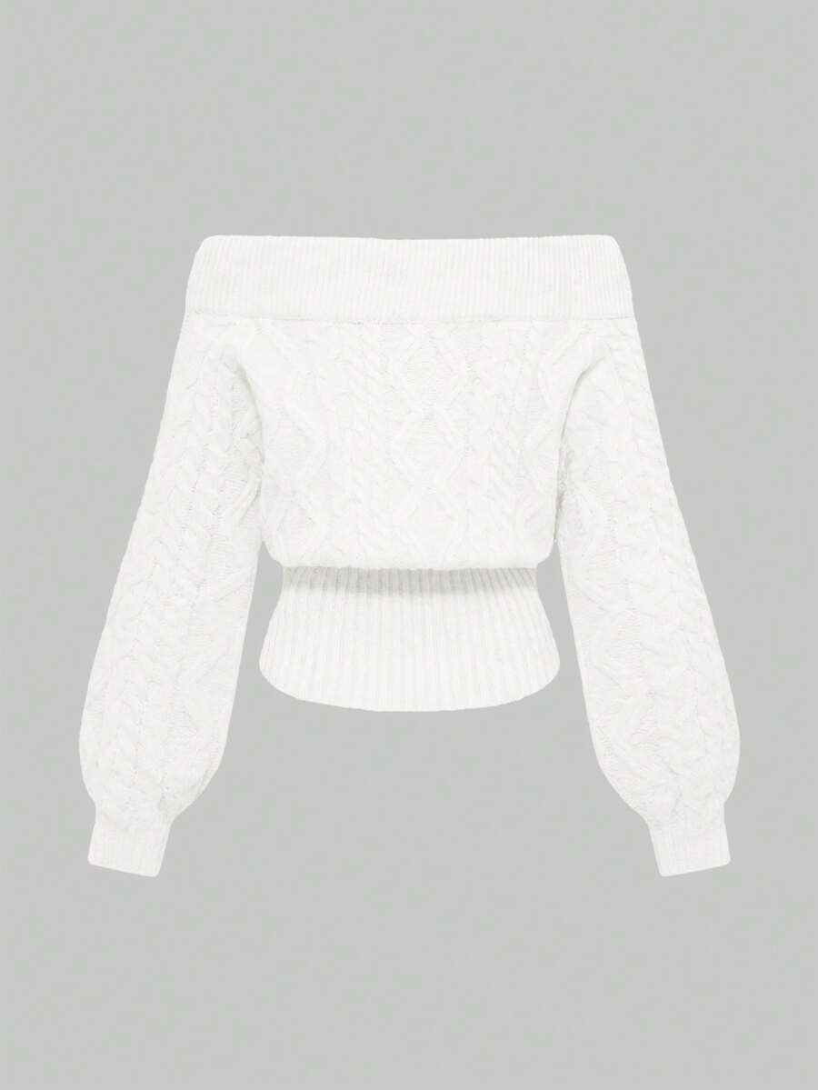 Women's off-the-shoulder rib-knit pullover sweater with three-quarter sleeves in a casual regular fit.