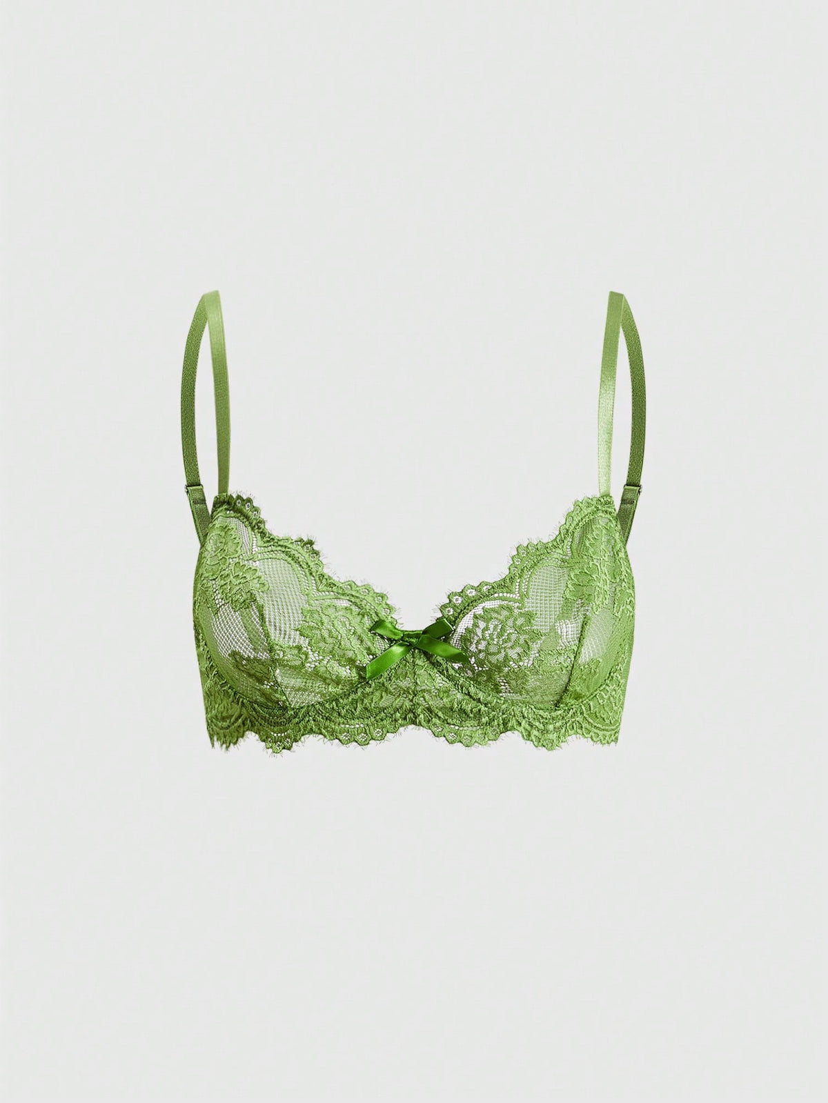 Sheer floral lace underwire triangle bra for women featuring adjustable straps and plunge cup design.