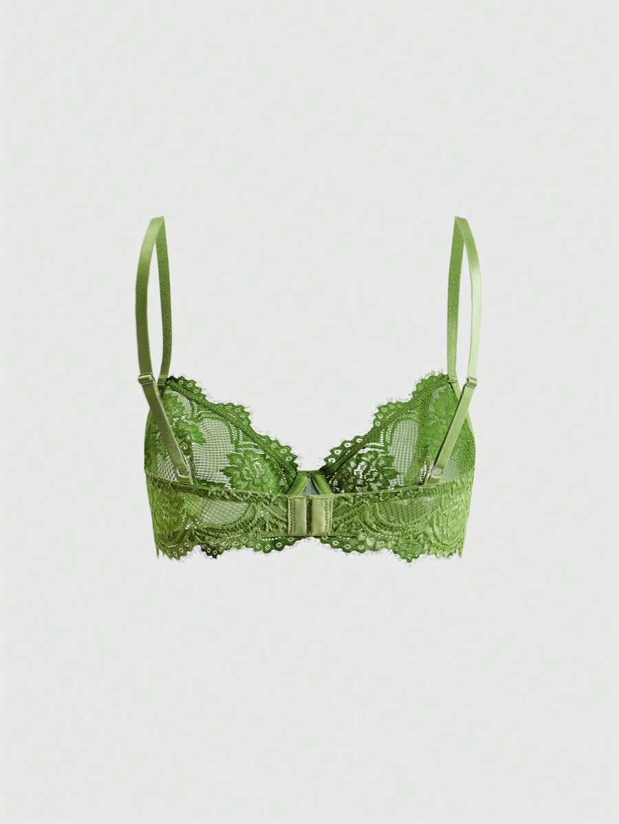 Sheer floral lace underwire triangle bra for women featuring adjustable straps and plunge cup design.