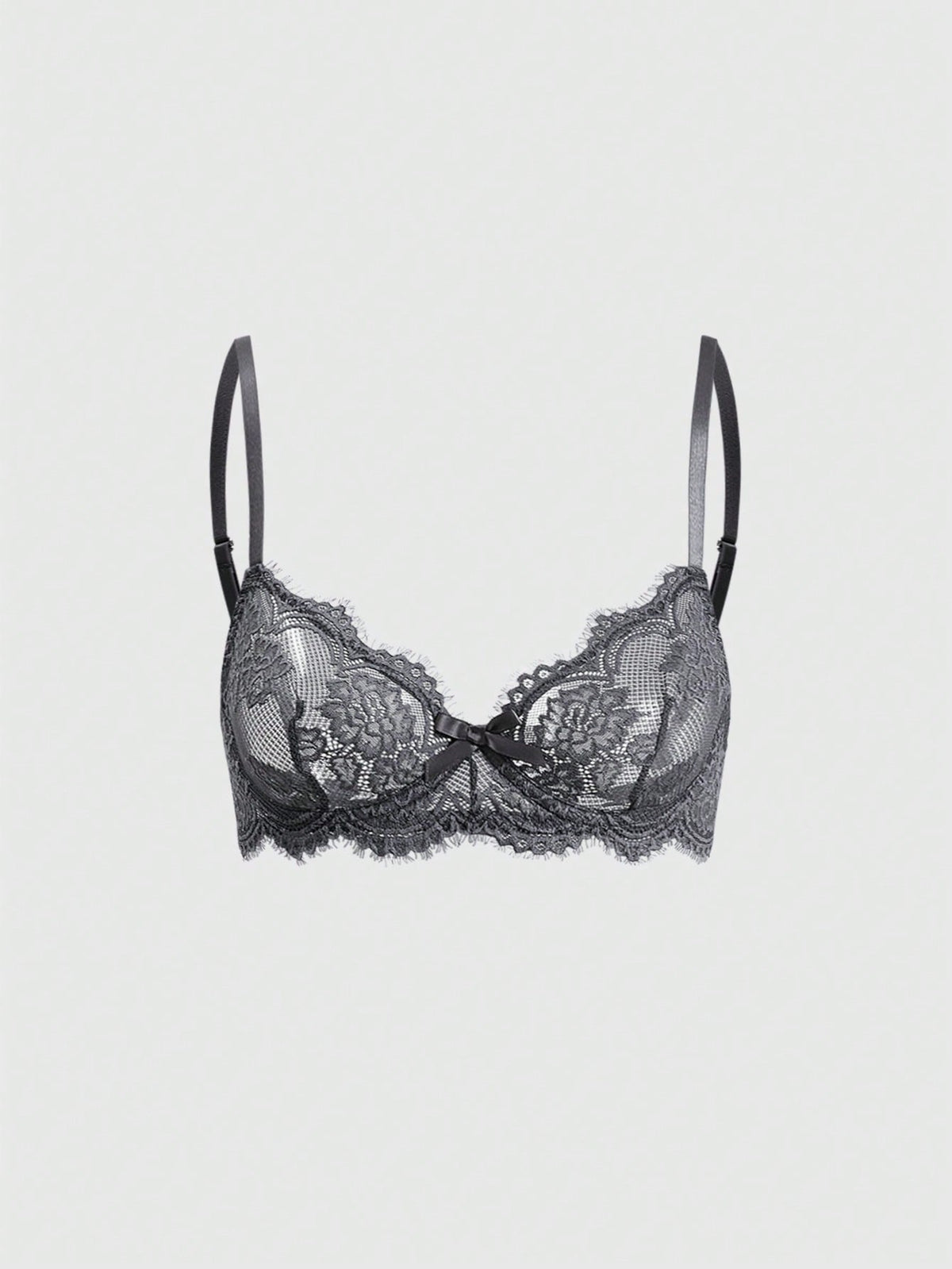 Sheer floral lace underwire triangle bra for women featuring adjustable straps and plunge cup design.