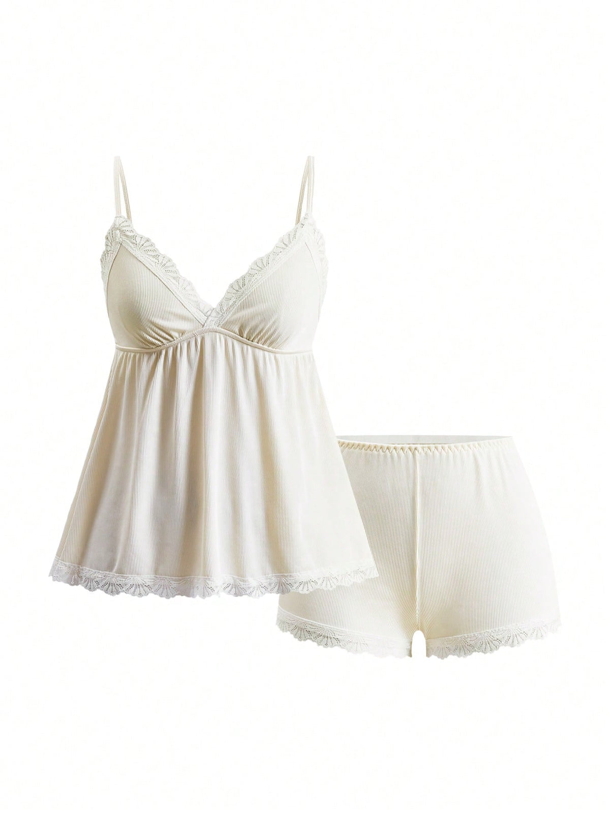 Ribbed lace camisole and shorts pajama set with spaghetti straps, bow detail, and contrast lace trim