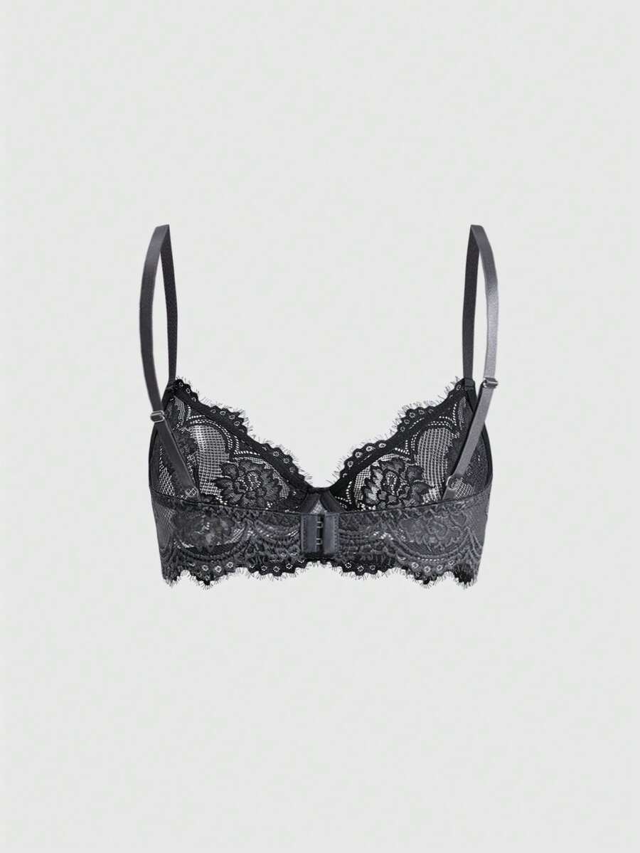 Sheer floral lace underwire triangle bra for women featuring adjustable straps and plunge cup design.