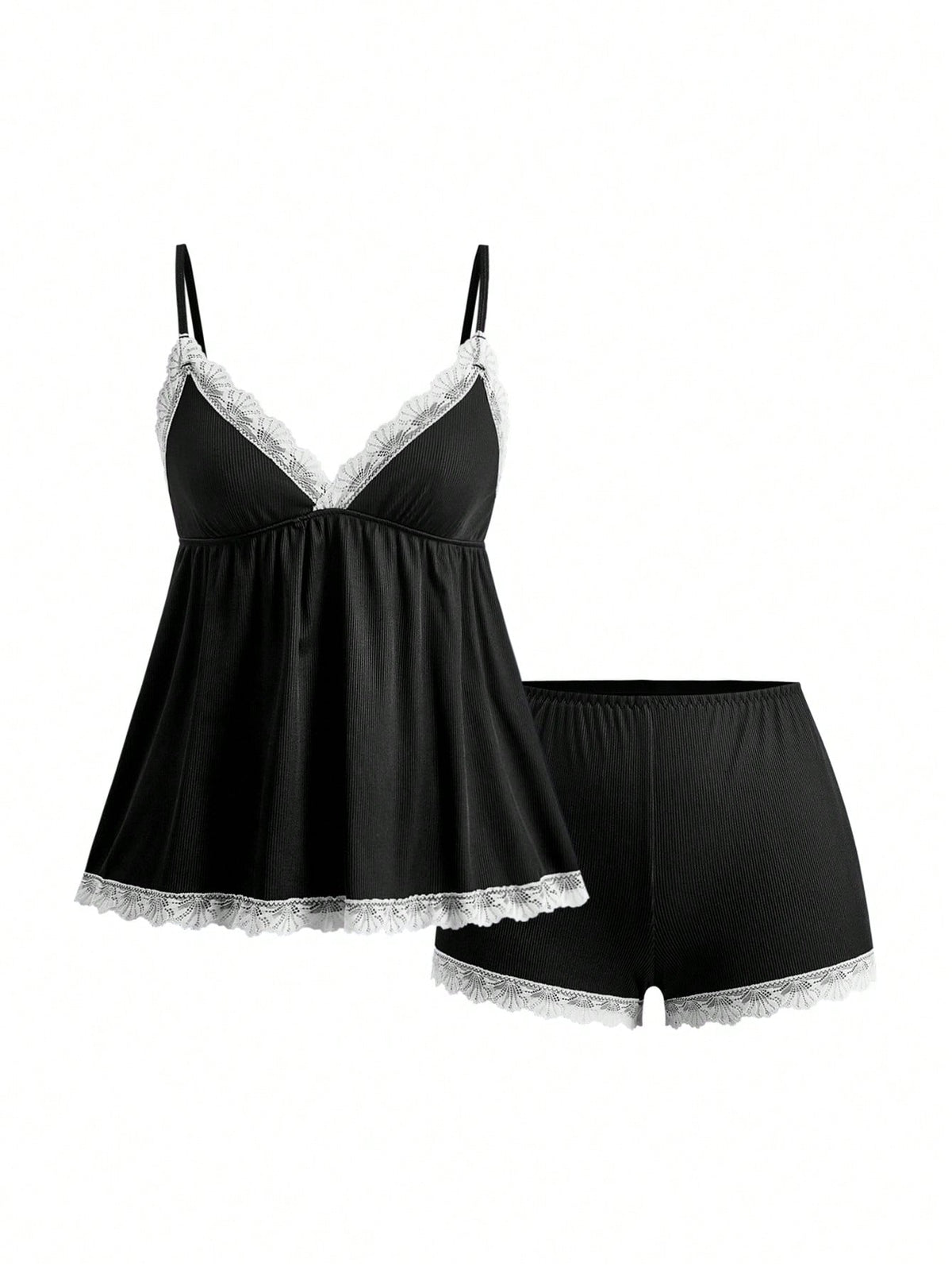 Ribbed lace camisole and shorts pajama set with spaghetti straps, bow detail, and contrast lace trim