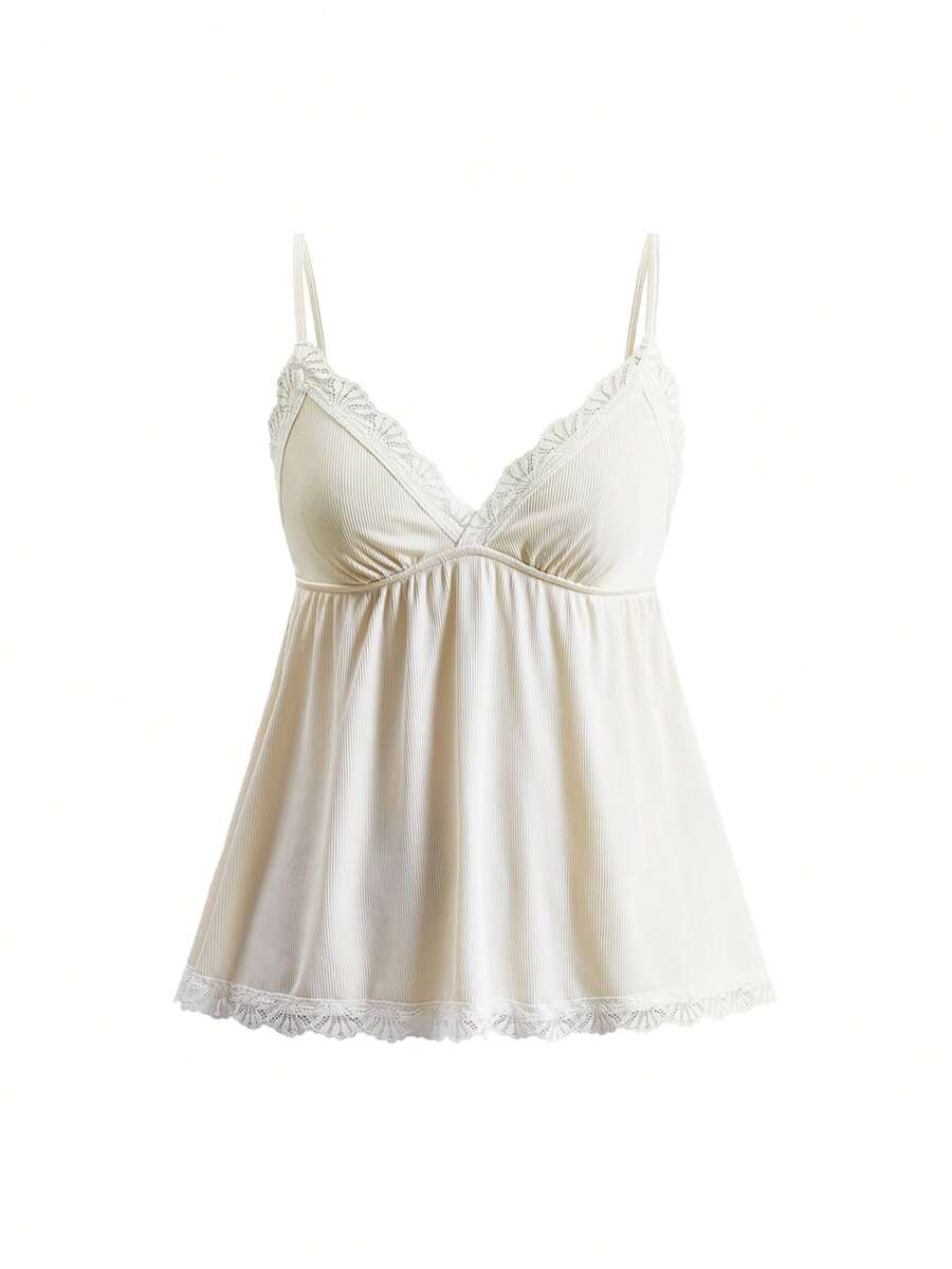 Ribbed lace camisole and shorts pajama set with spaghetti straps, bow detail, and contrast lace trim