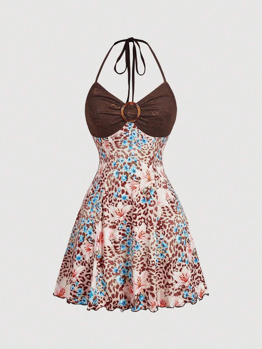 Women's apricot halter mini dress with backless knot and ring detail, sleeveless cami style, flared hem, and boho vacation look