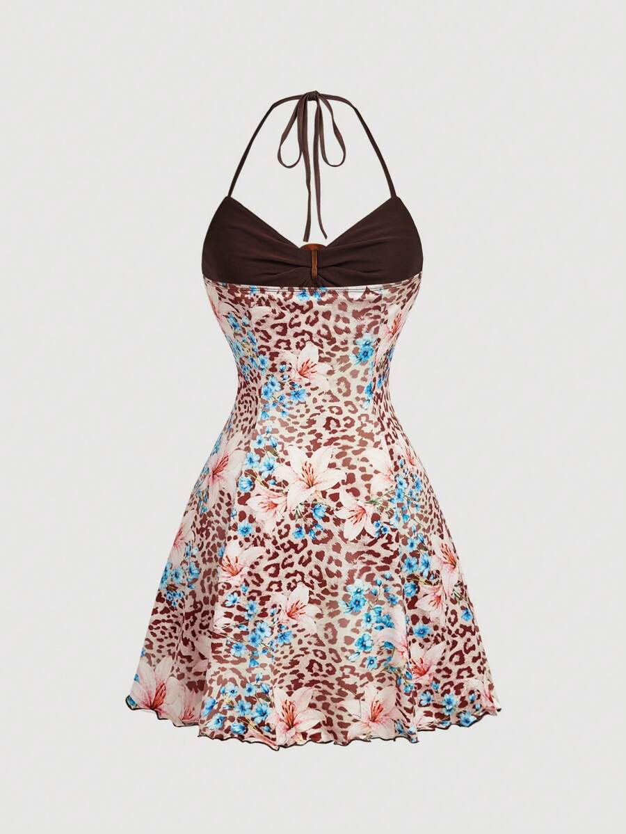 Women's apricot halter mini dress with backless knot and ring detail, sleeveless cami style, flared hem, and boho vacation look