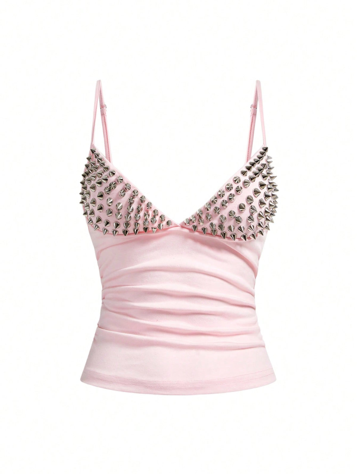 Women's slim fit sleeveless crop top featuring spaghetti straps, ruched detailing, and studded rhinestone accents.