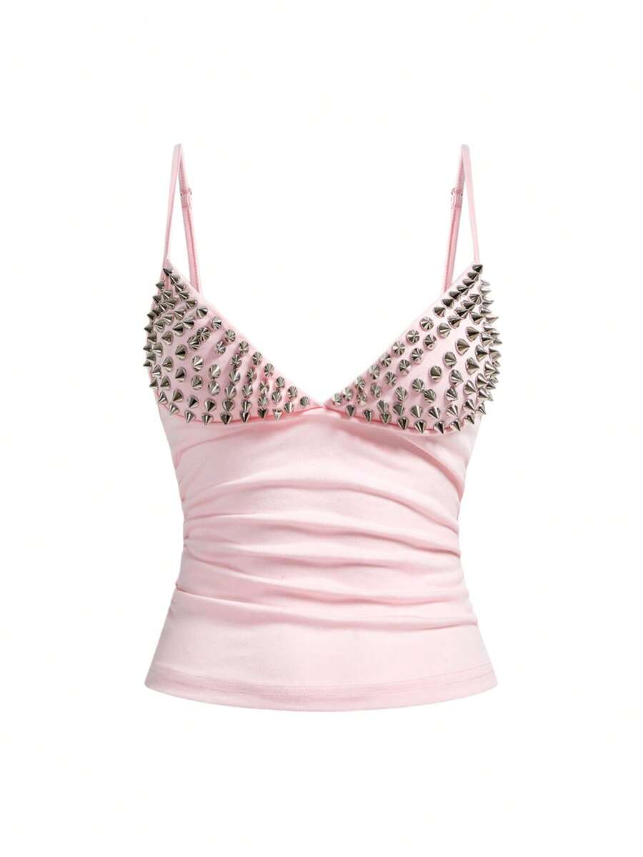 Women's slim fit sleeveless crop top featuring spaghetti straps, ruched detailing, and studded rhinestone accents.