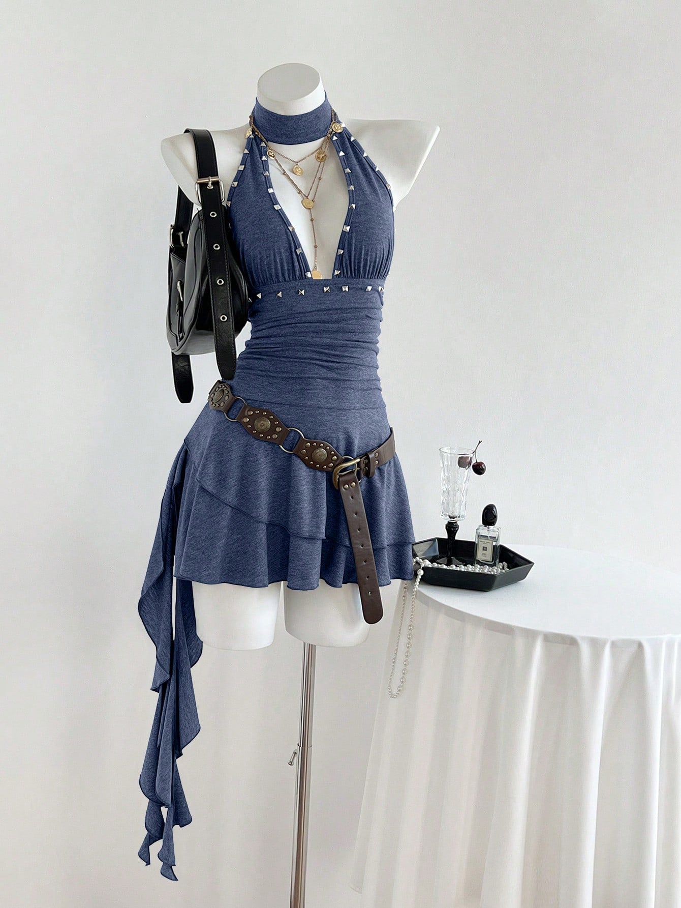 Women's coffee short halter V-neck dress with backless lace-up detail, cinched high waist, and ruffle tiered hem