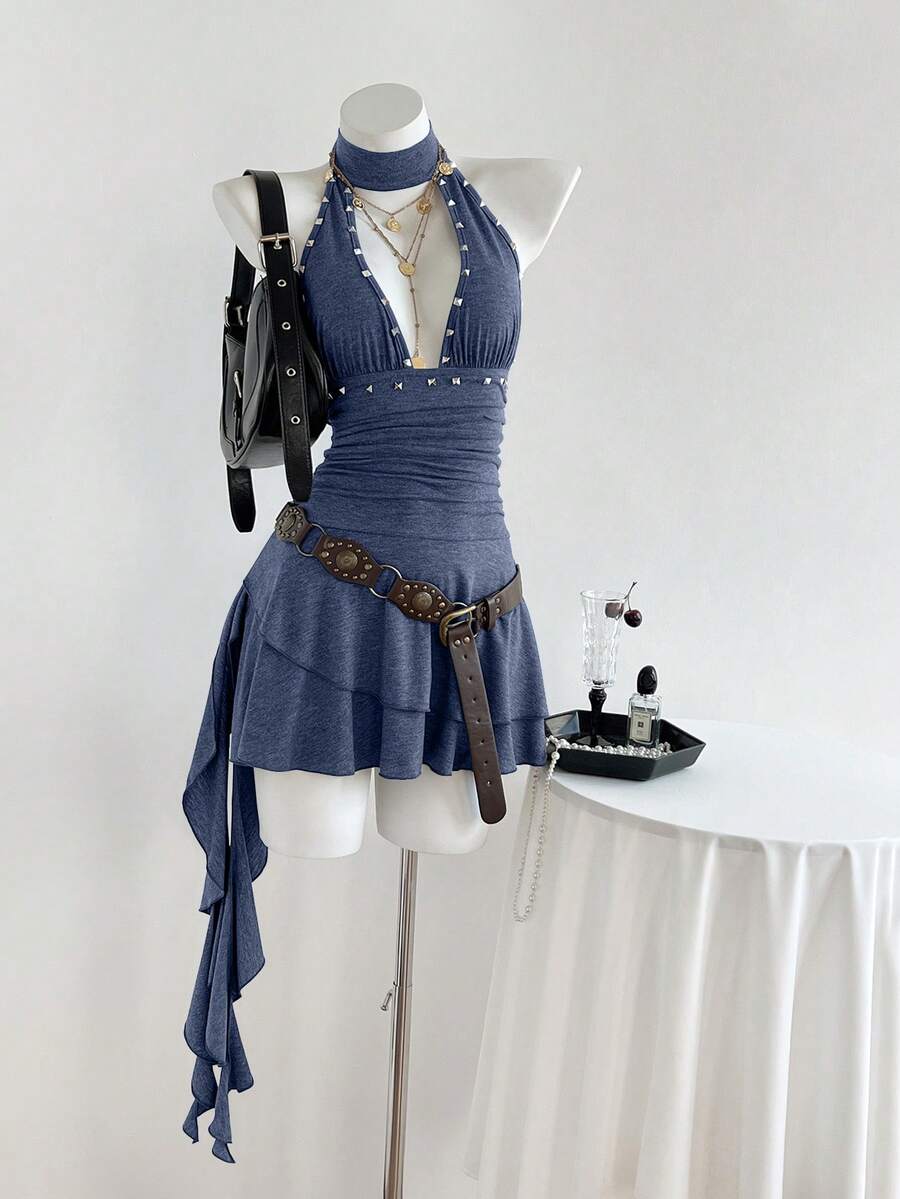 Women's coffee short halter V-neck dress with backless lace-up detail, cinched high waist, and ruffle tiered hem