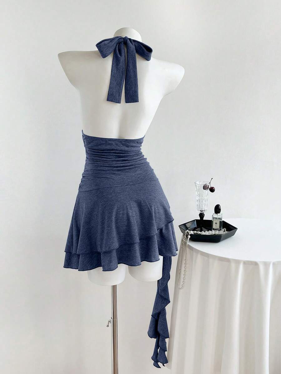 Women's coffee short halter V-neck dress with backless lace-up detail, cinched high waist, and ruffle tiered hem
