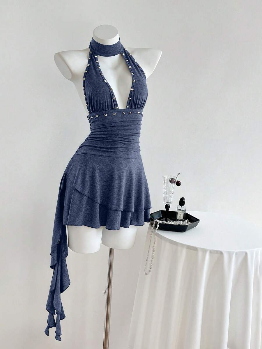 Women's coffee short halter V-neck dress with backless lace-up detail, cinched high waist, and ruffle tiered hem