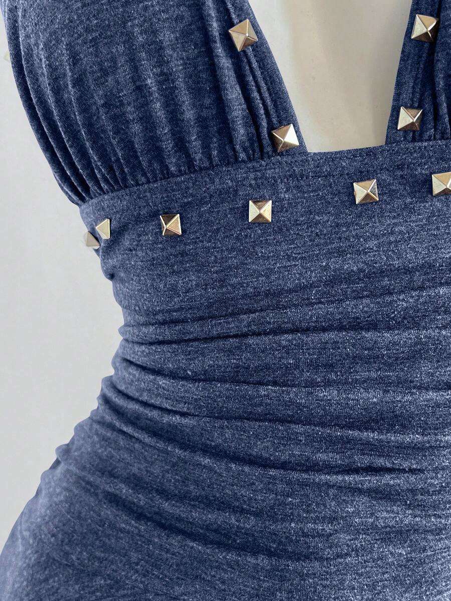 Women's coffee short halter V-neck dress with backless lace-up detail, cinched high waist, and ruffle tiered hem