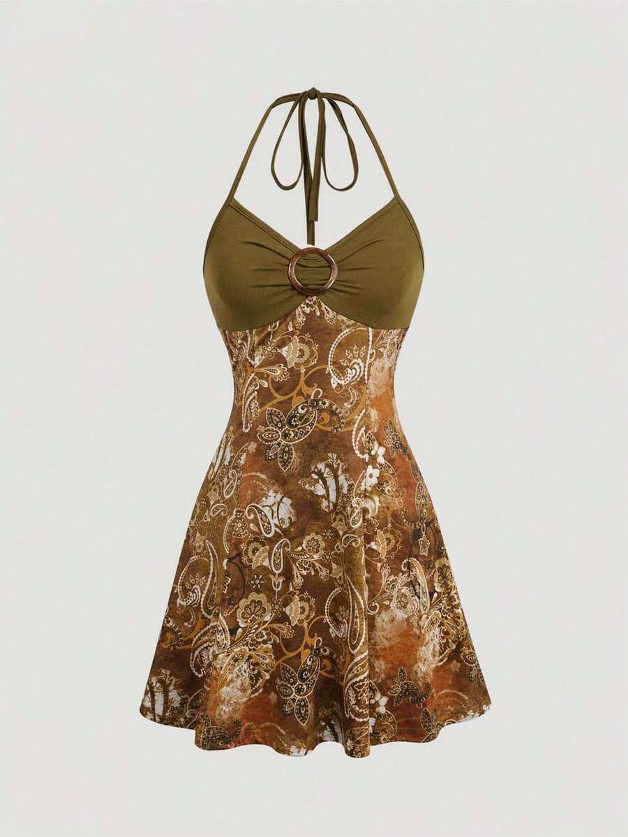 Women's apricot halter mini dress with backless knot and ring detail, sleeveless cami style, flared hem, and boho vacation look