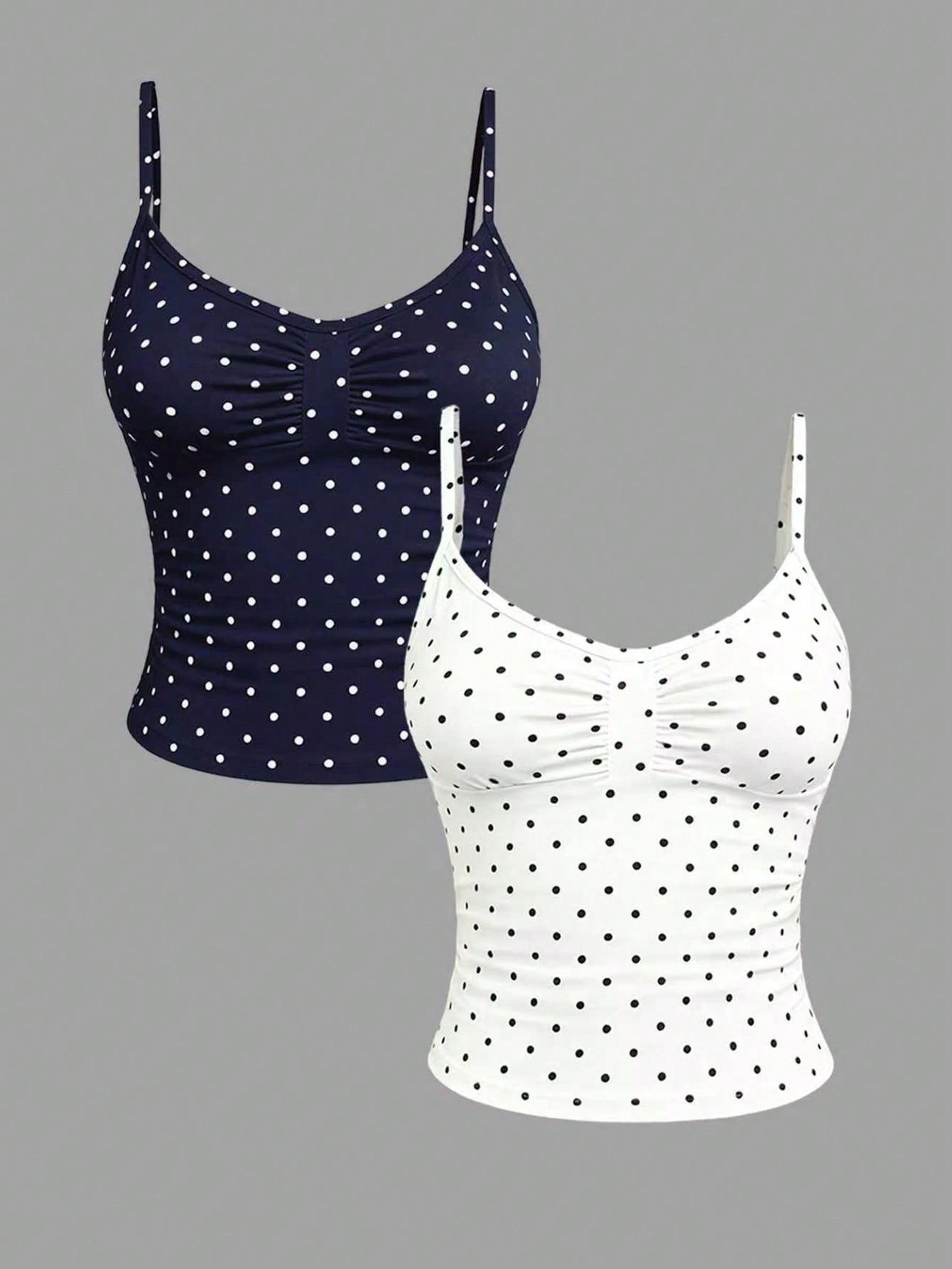Solva women's white polka dot camisole with ruched detailing, rhinestone accents, spaghetti straps, slim fit silhouette, and short length.