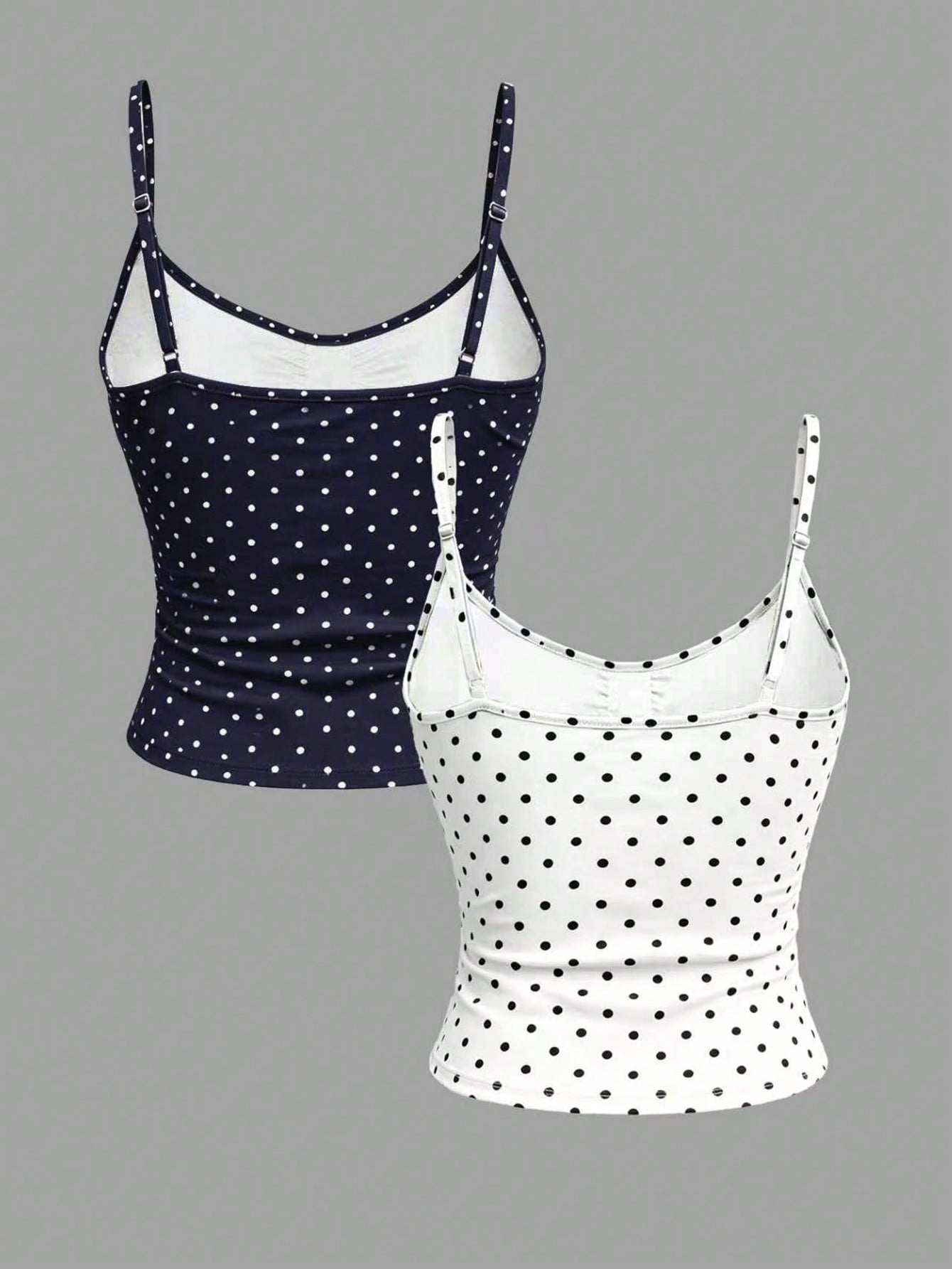 Solva women's white polka dot camisole with ruched detailing, rhinestone accents, spaghetti straps, slim fit silhouette, and short length.