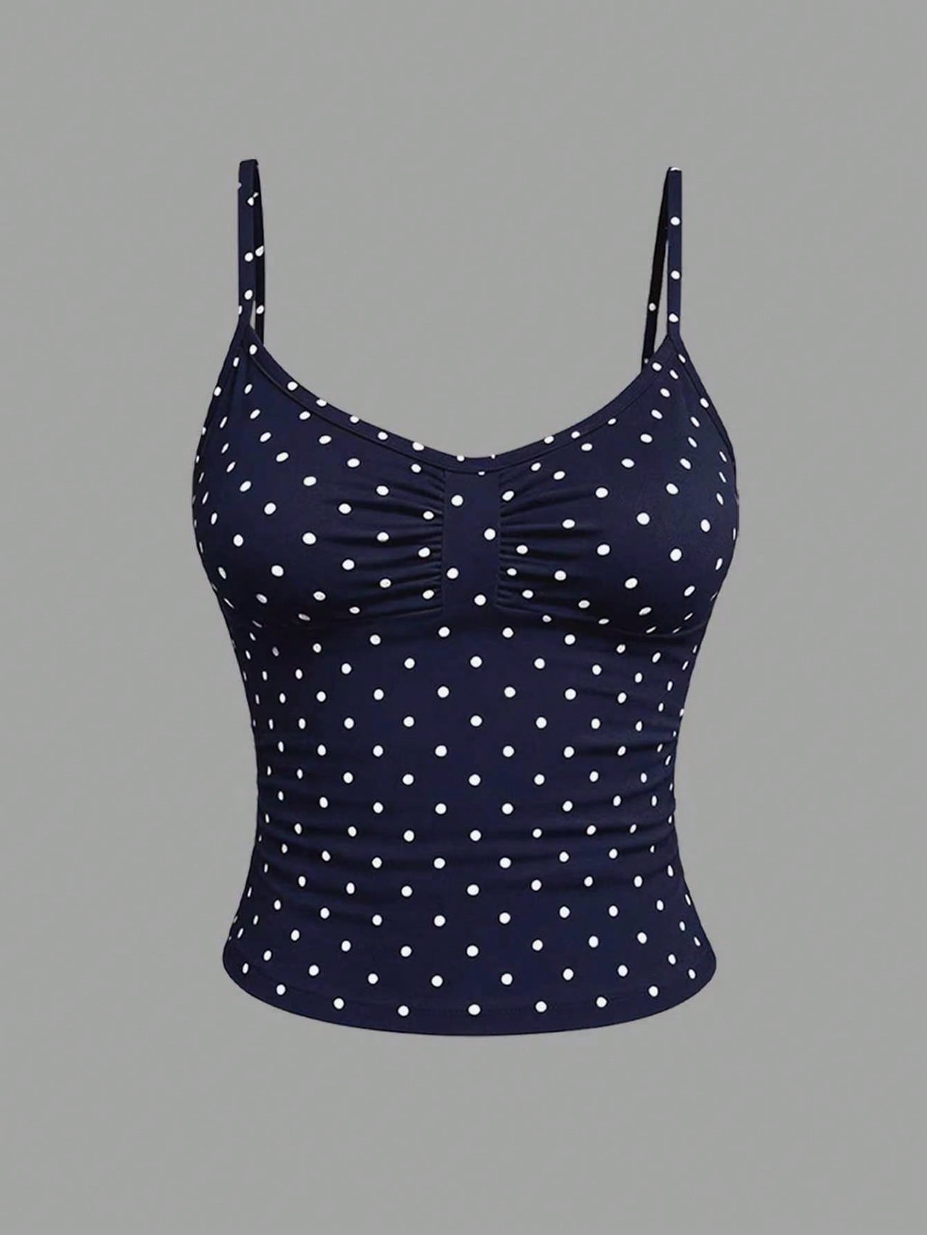 Solva women's white polka dot camisole with ruched detailing, rhinestone accents, spaghetti straps, slim fit silhouette, and short length.