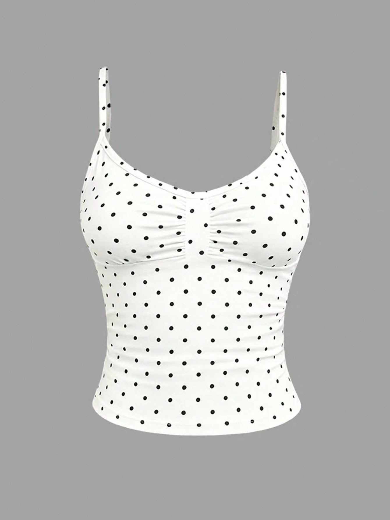 Solva women's white polka dot camisole with ruched detailing, rhinestone accents, spaghetti straps, slim fit silhouette, and short length.