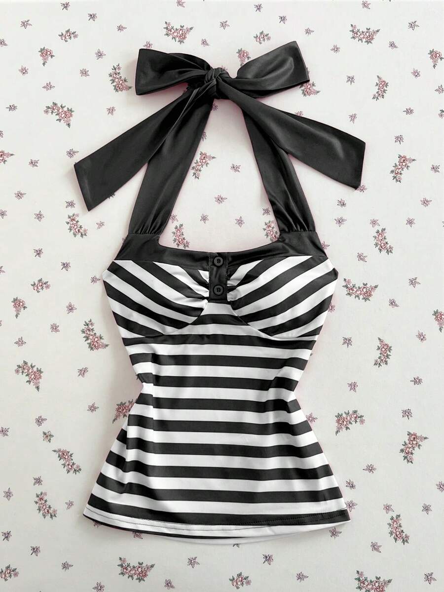 Women's multicolor striped halter top featuring a bow detail and slim fit design.