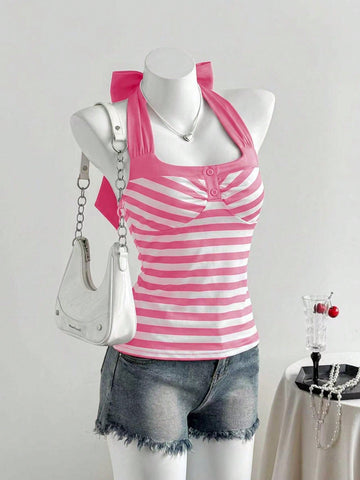 Women's multicolor striped halter top featuring a bow detail and slim fit design.