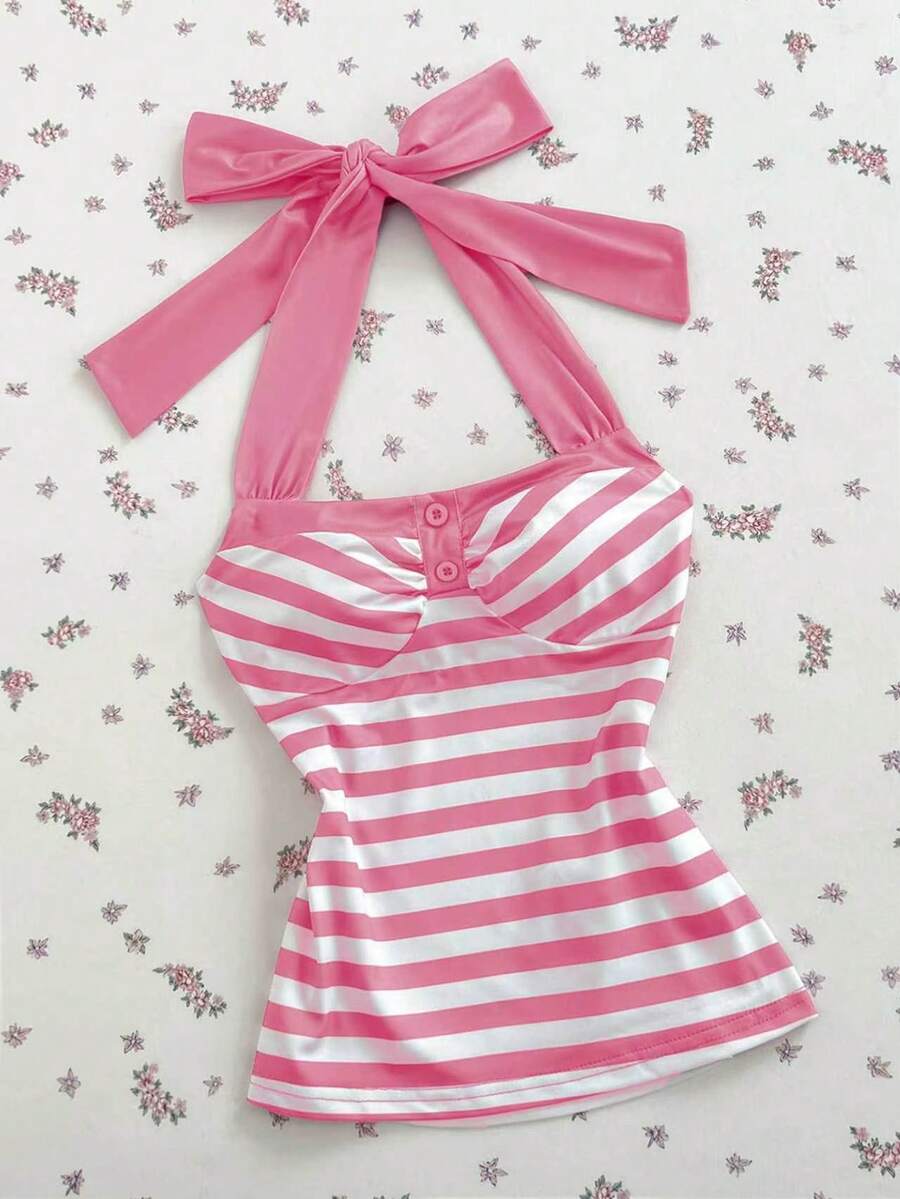 Women's multicolor striped halter top featuring a bow detail and slim fit design.