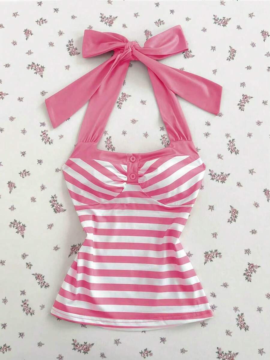 Women's multicolor striped halter top featuring a bow detail and slim fit design.