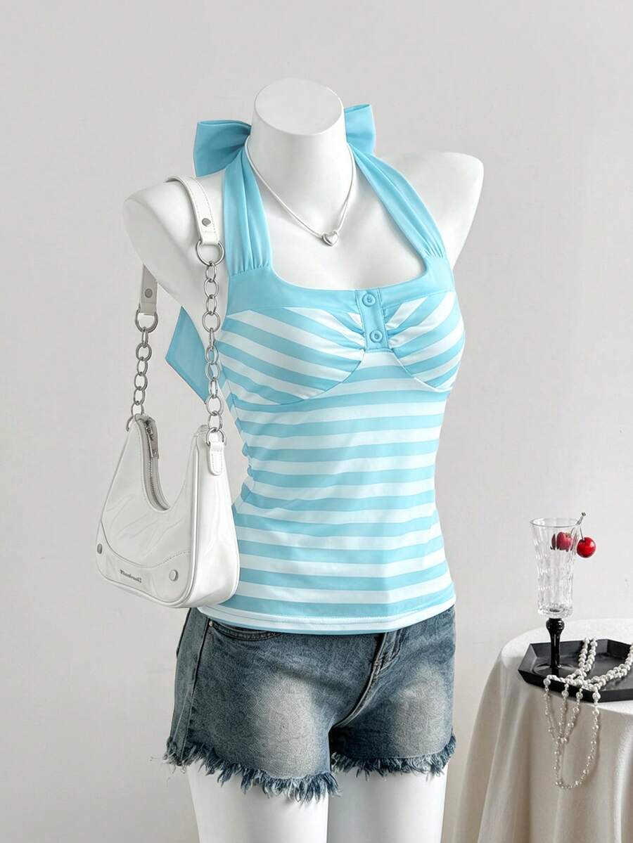 Women's multicolor striped halter top featuring a bow detail and slim fit design.