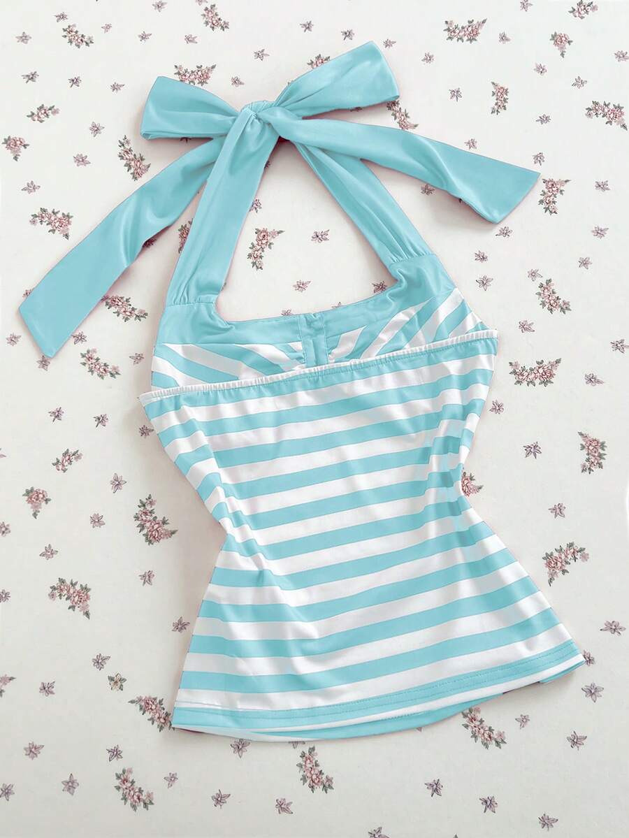 Women's multicolor striped halter top featuring a bow detail and slim fit design.