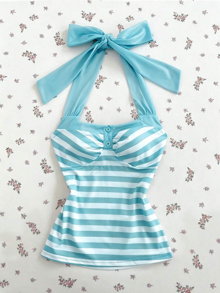 Women's multicolor striped halter top featuring a bow detail and slim fit design.