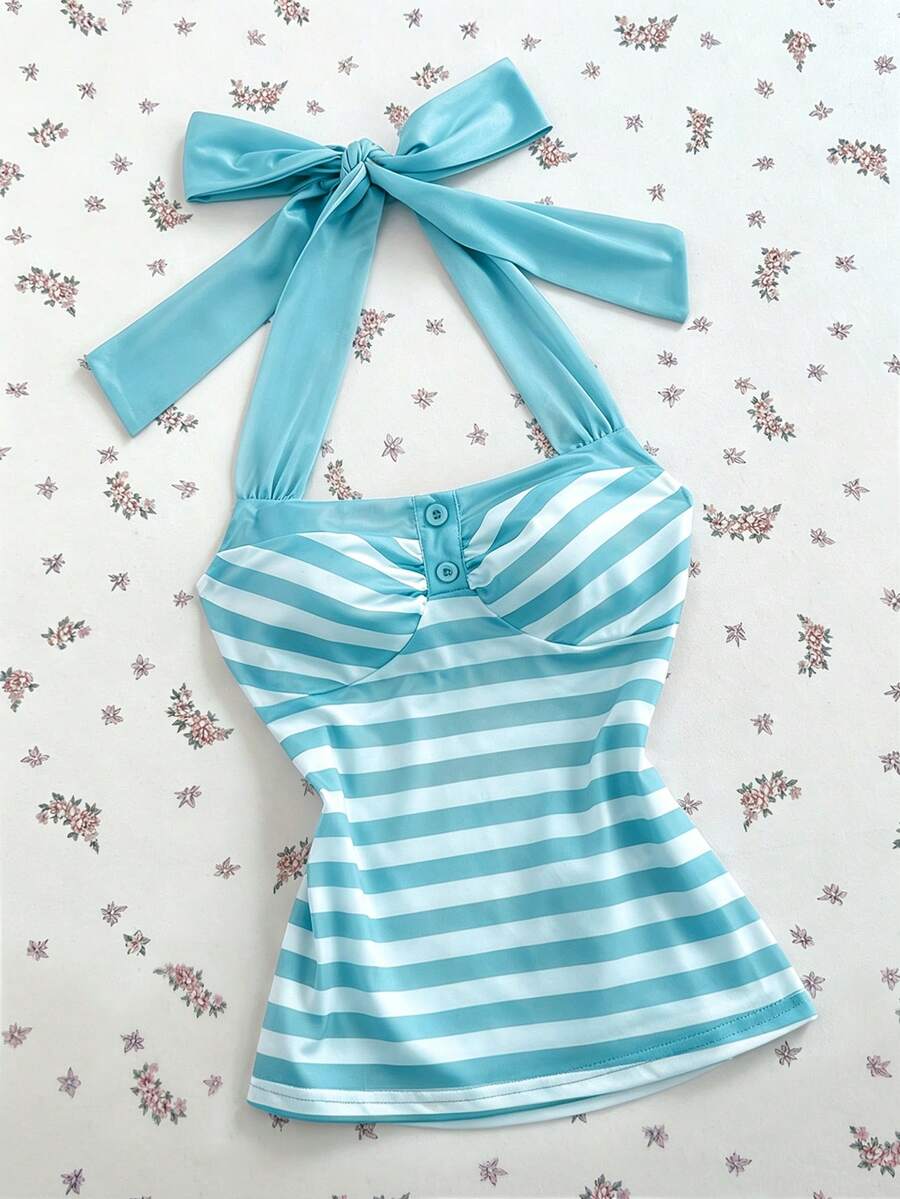 Women's multicolor striped halter top featuring a bow detail and slim fit design.