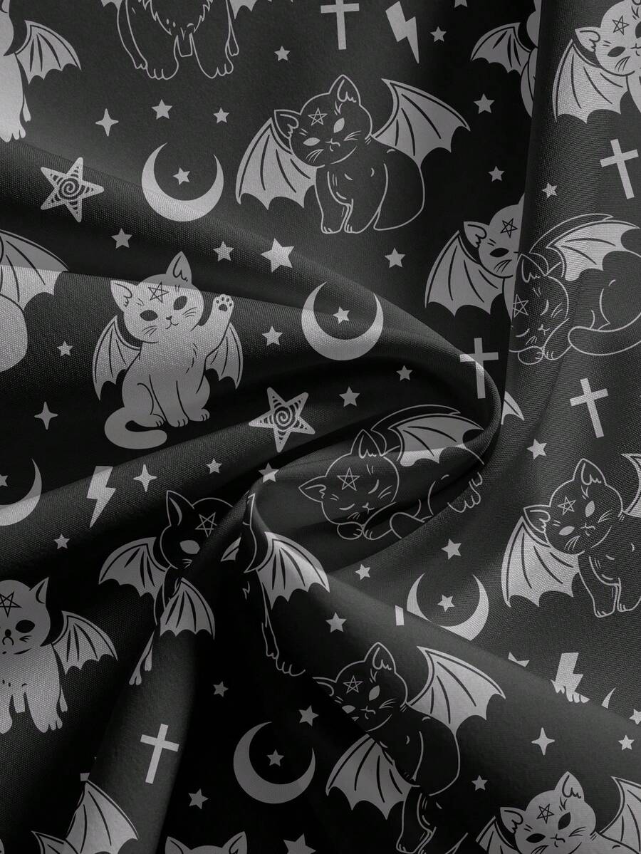 Women's plus size black gothic wide leg pants with split thigh detail and celestial moth, sun, and star pattern.