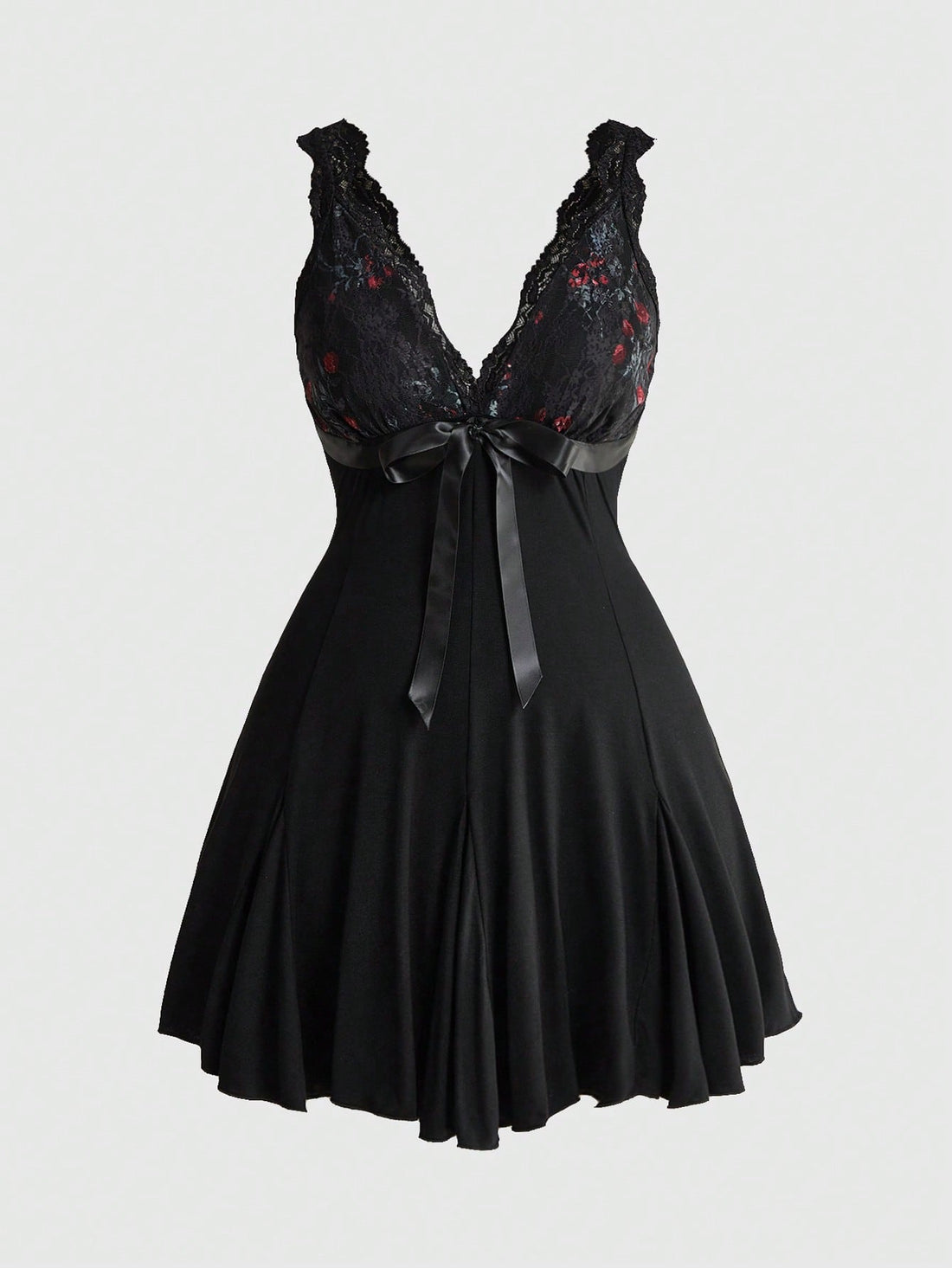 Plus size women's sleeveless cami mini dress with rose plant pattern, contrast lace detailing, spaghetti straps, high waist, and a pleated hem.